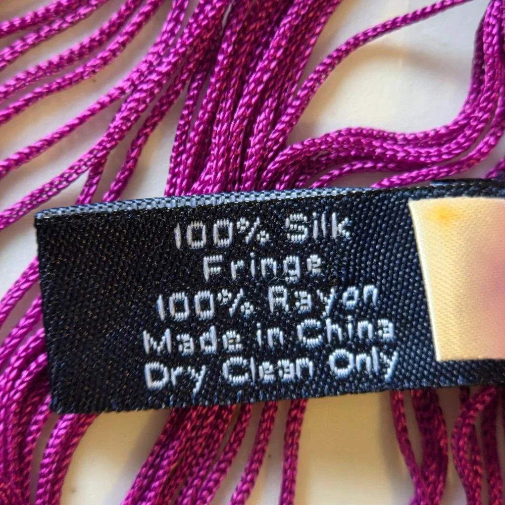 Ann Taylor 100% Silk Wrap Scarf Magenta Purple Macrame Knotted Fringe Shawl18x90